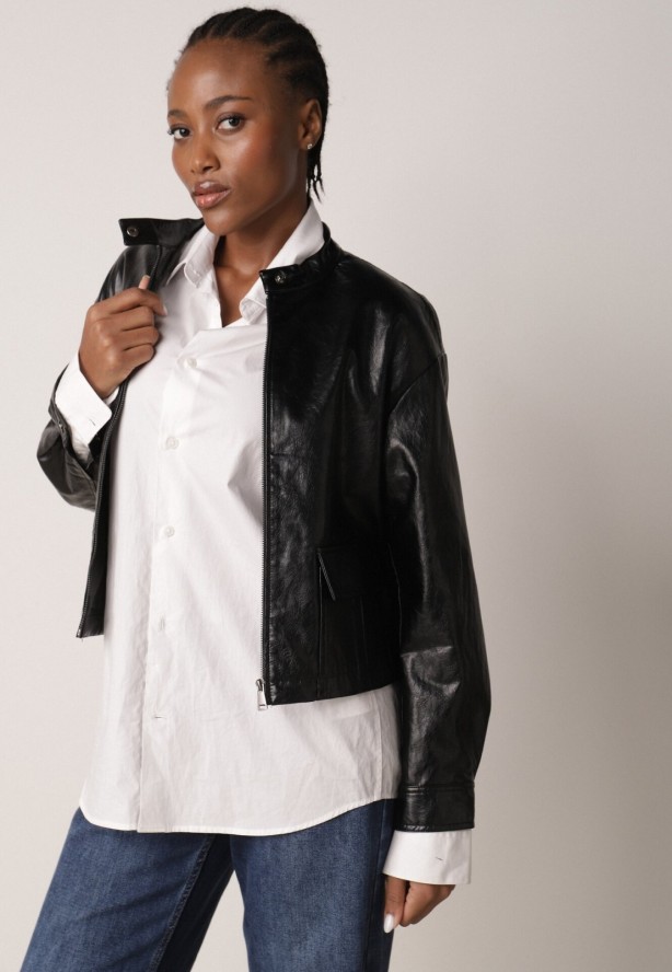 Czarna Kurtka Ramoneska Bomberka Ściągana po Bokach Salanthe