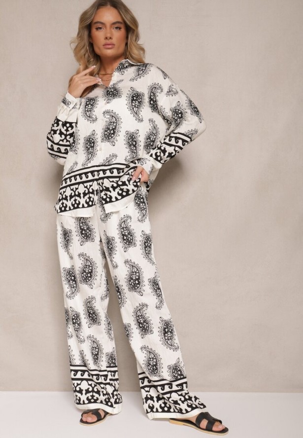 Biało-Czarny Komplet z Wiskozy Zdobiony Printem Paisley Koszula i Spodnie Zolleva