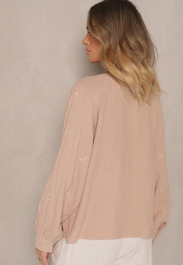 Ciemnobeżowa Bluzka z Bawełny z Dekoltem w Kształcie Litery V i Kwiatowym Haftem Lisorella