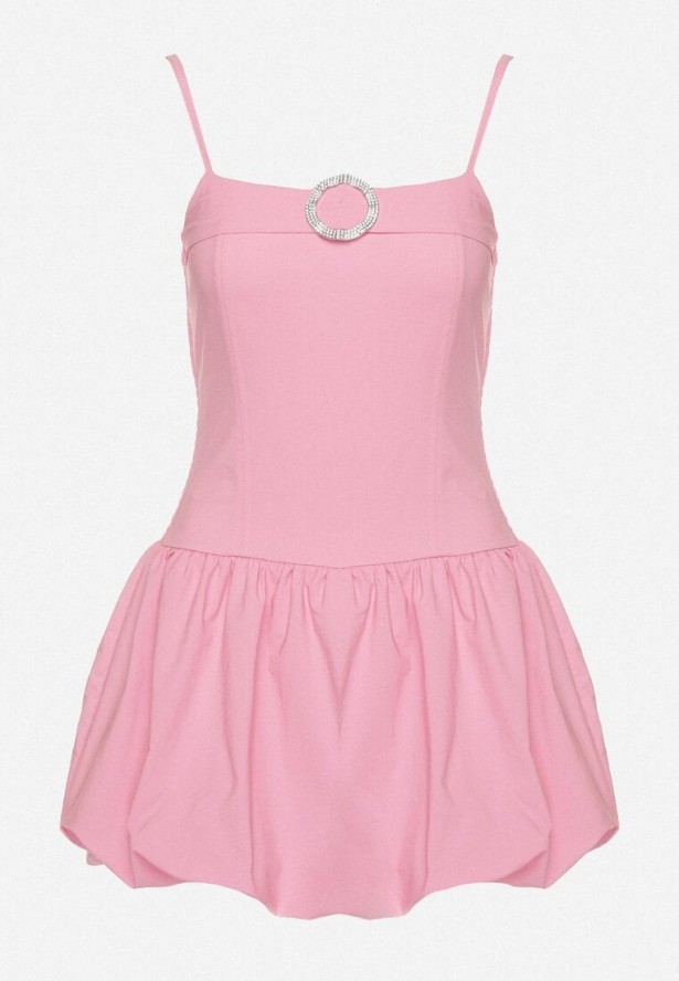 Różowa Sukienka Typu Bombka z Cyrkoniową Klamrą z Podszewką Typu Szorty Nessim