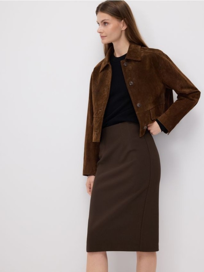 Spódnica midi z rozcięciem - ciemnobrązowy