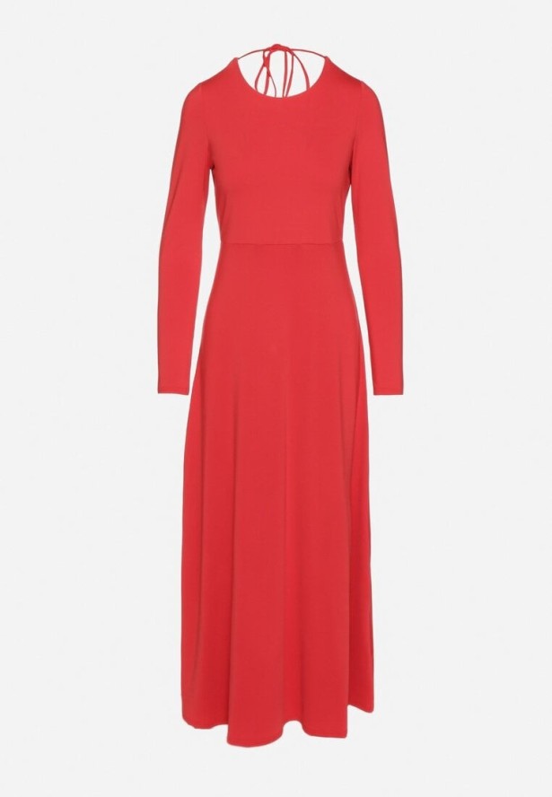 Czerwona Rozkloszowana Sukienka z Wiskozą z Odkrytymi Plecami i Wiązaniem Irellisa