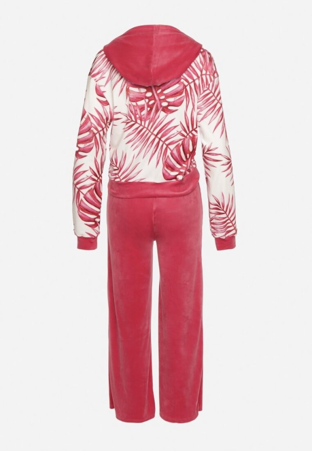 Różowy Welurowy Komplet Dresowy Bluza z Florystycznym Printem i Szerokie Spodnie Taniussa