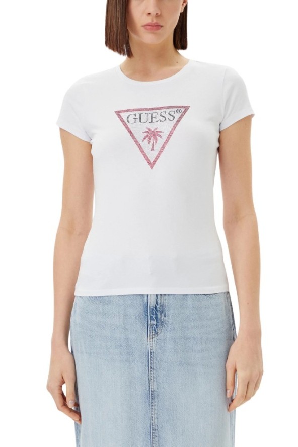 GUESS Biały damski t-shirt z logo z cyrkoniami Triangle Rhinestones, Rozmiar S