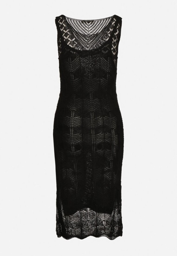 Czarna Sukienka Bodycon z Ażurowej Dzianiny z Halką w Komplecie Willowas