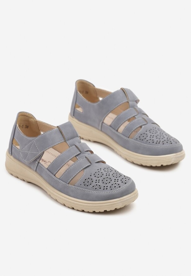 Niebieskie Sandały Ażurowe z Rzepem i Skórzaną Wkładką Telestra