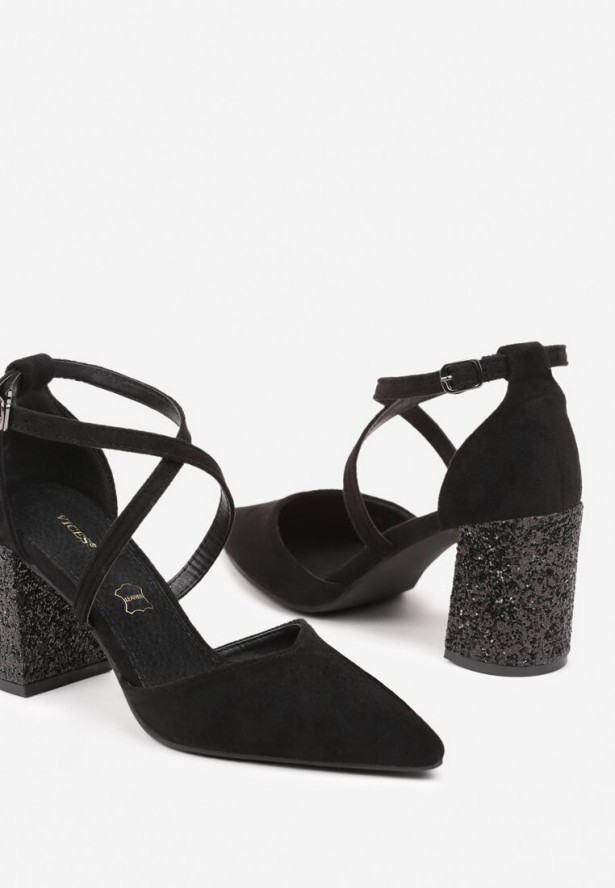 Czarne Czółenka Vices na Brokatowym Obcasie z Wkładką ze Skóry Naturalnej i Ozdobnymi Paskami Leaniella