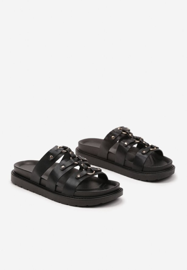 Czarne Klapki z Paskami i Metalicznymi Kołami Elefona