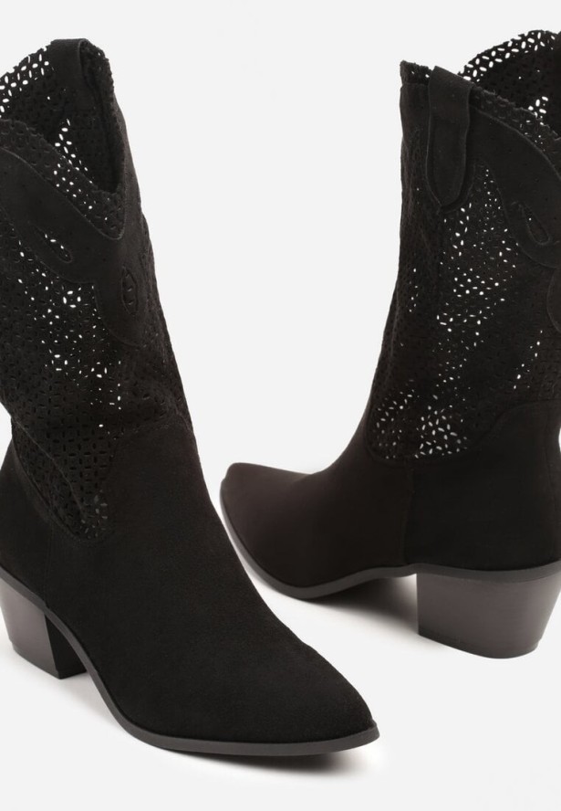 Czarne Ażurowe Botki na Obcasie w Stylu Kowbojek Felorwen
