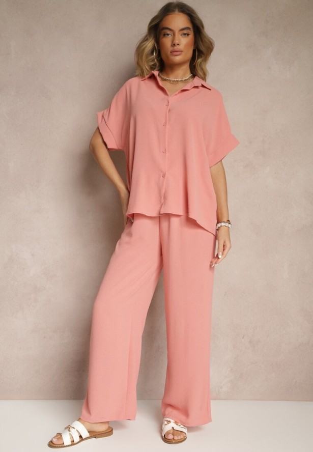 Różowy Komplet z Koszulą z Krótkim Rękawem i Spodniami o Szerokim Kroju Malerienna