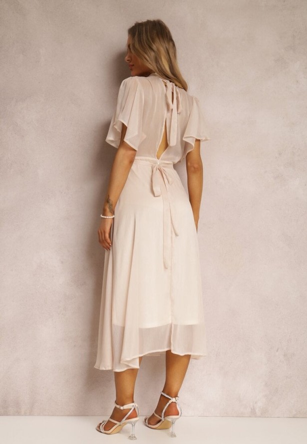 Beżowa Rozkloszowana Sukienka z Odkrytymi Plecami i Wiązaniem Syrissis