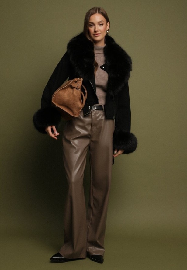 Czarna Ocieplana Kurtka Ramoneska z Futrem przy Kołnierzu i Rękawach Mevesala