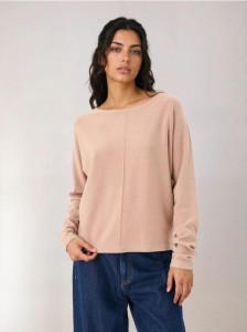 Sweter basic z ozdobnym przeszyciem z wiskozą - beżowy