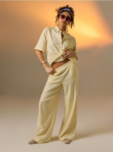Spodnie wide leg z domieszką lnu - żółty