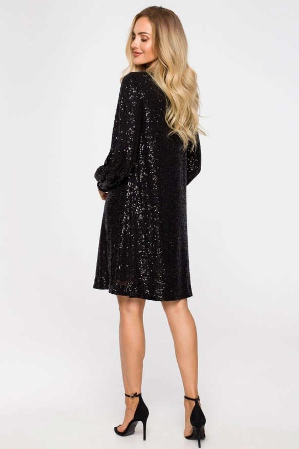 Sukienka cekinowa trapezowa z paskiem błyszcząca czarna