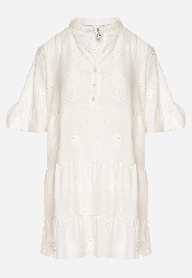 Jasnobeżowa Bawełniana Sukienka z Haftowanej Tkaniny o Koszulowym Kroju z Falbanami Filidwena