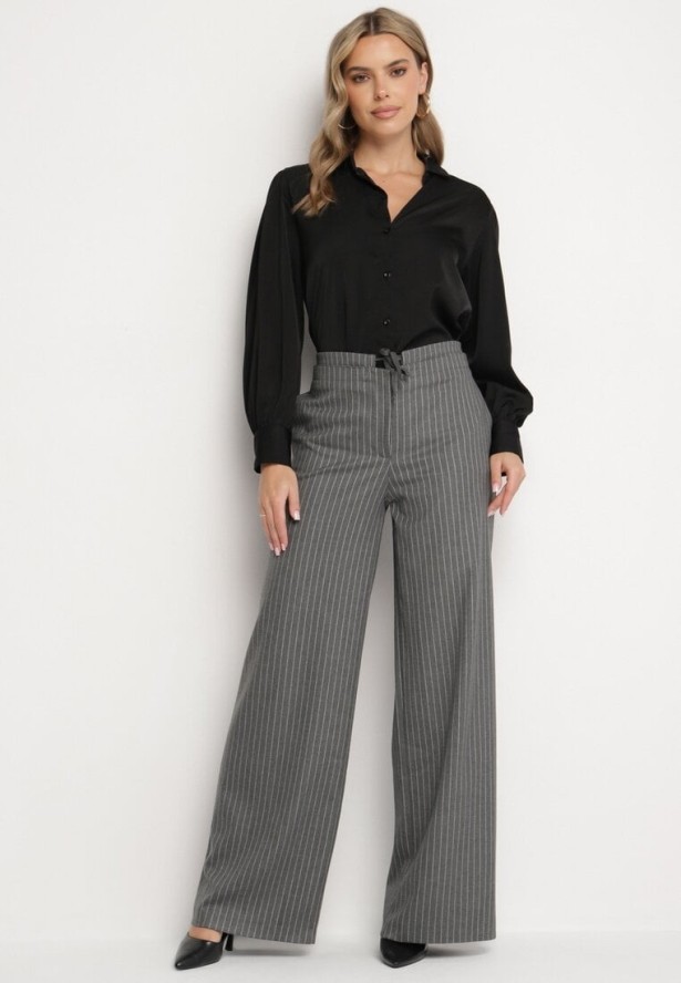 Ciemnoszare Spodnie Garniturowe z Wiskozą z Kieszeniami i Wiązaniem Sevitha