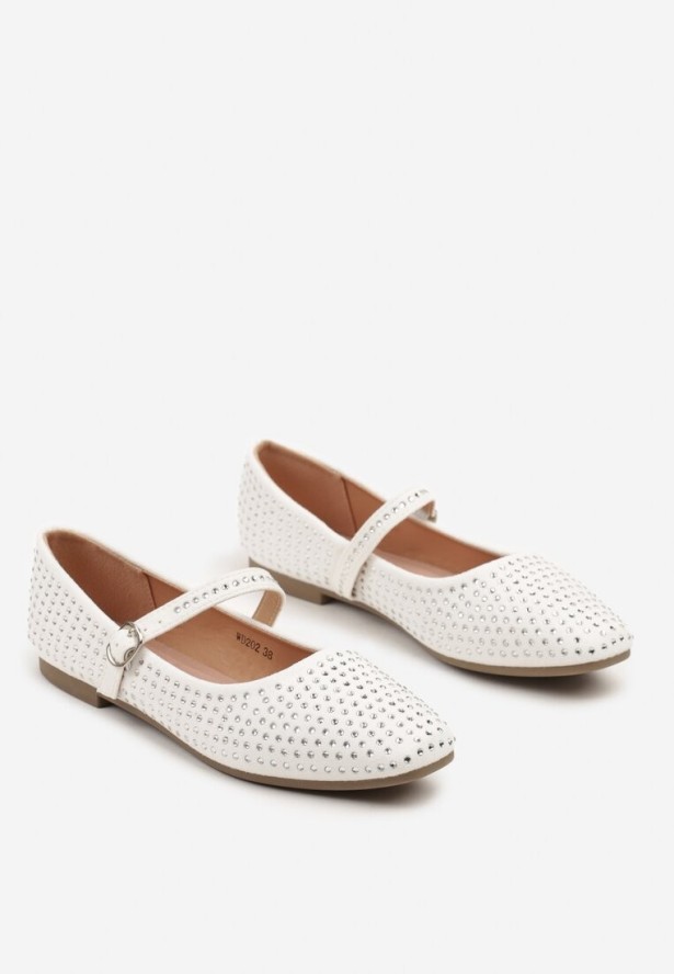 Białe Balerinki Ozdobione Cyrkoniami z Paskiem i Sprzączką Zaliren