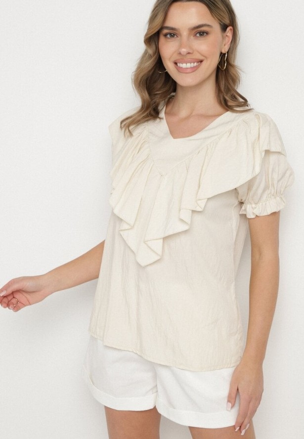 Beżowa Bluzka z Wiskozą i Falbankami Fadevia