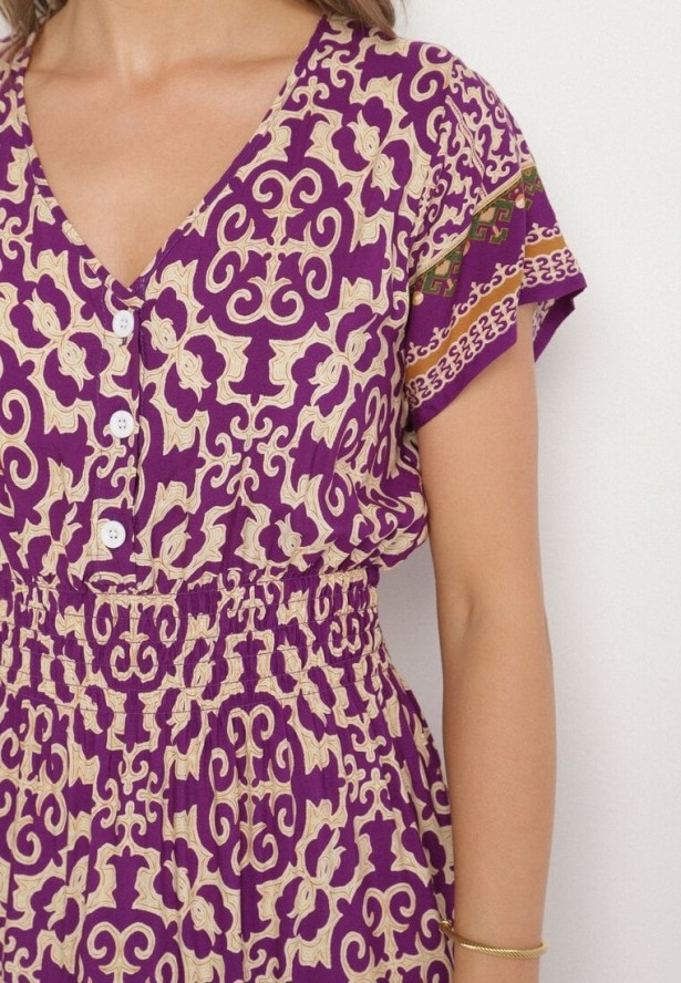 Ciemnofioletowa Bawełniana Sukienka z Gumką w Talii i Guzikami Natiflione