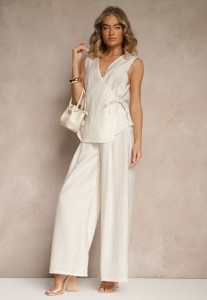 Jasnobeżowy Komplet z Lnem Spodnie o Szerokim Kroju i Bluzka z Wiązaniem Idanira