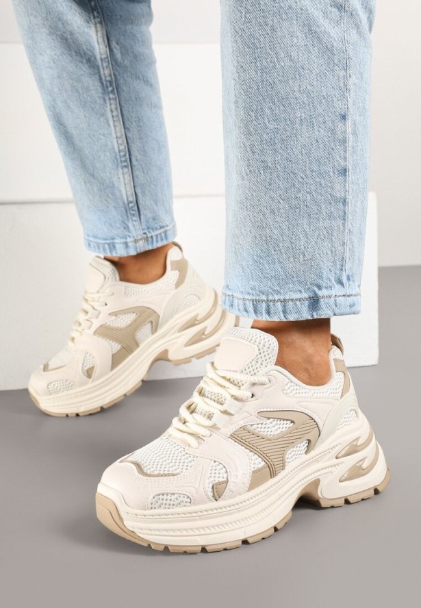 Beżowe Sneakersy na Platformie z Tłoczeniem i Geometrycznym Wzorem Melvila