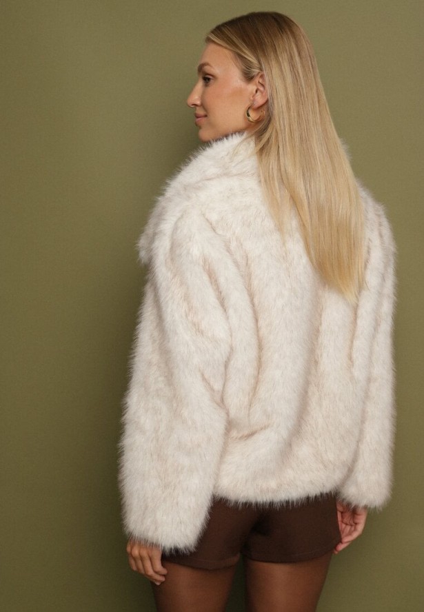 Beżowa Kurtka Futerko z Ozdobnym Kołnierzem Devrenna