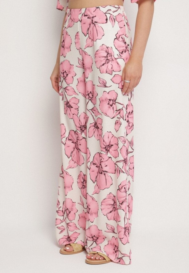 Różowy Komplet w Kwiatowy Wzór Koszula z Krótkim Rękawem i Spodnie Revailise