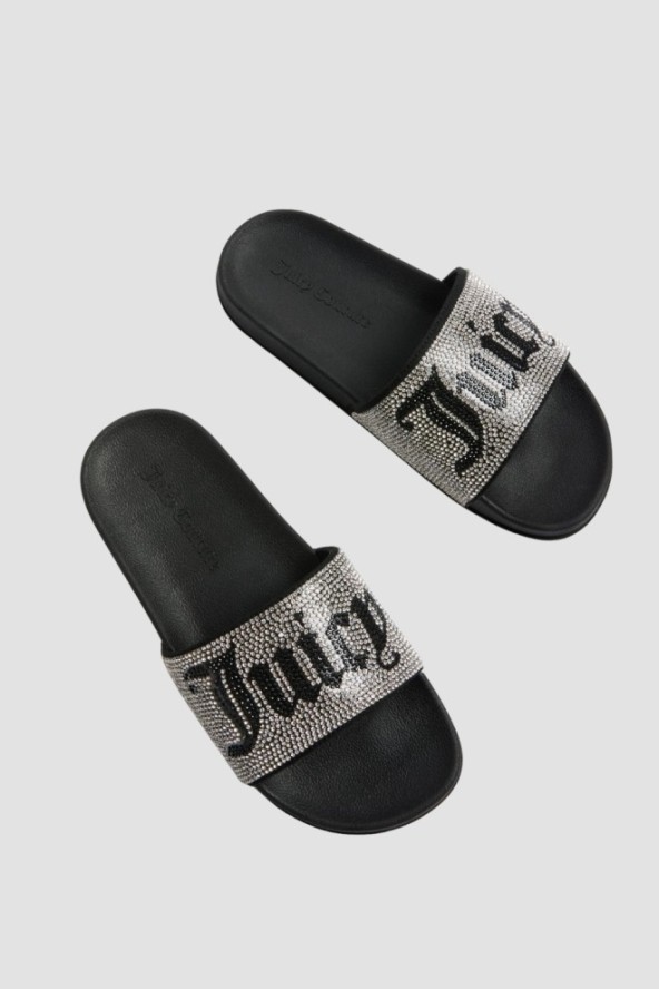 JUICY COUTURE Czarne klapki damskie ze srebrnymi cyrkoniami Donna Slider, Rozmiar 37