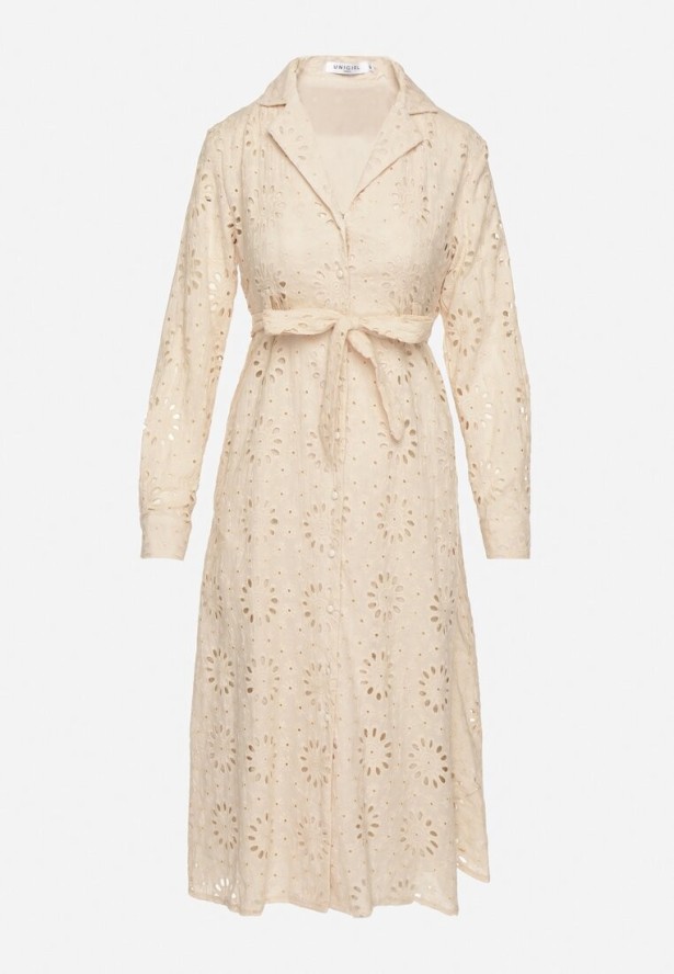 Beżowa Koszulowa Sukienka z Ażurowym Wzorem i Paskiem Tanithiea
