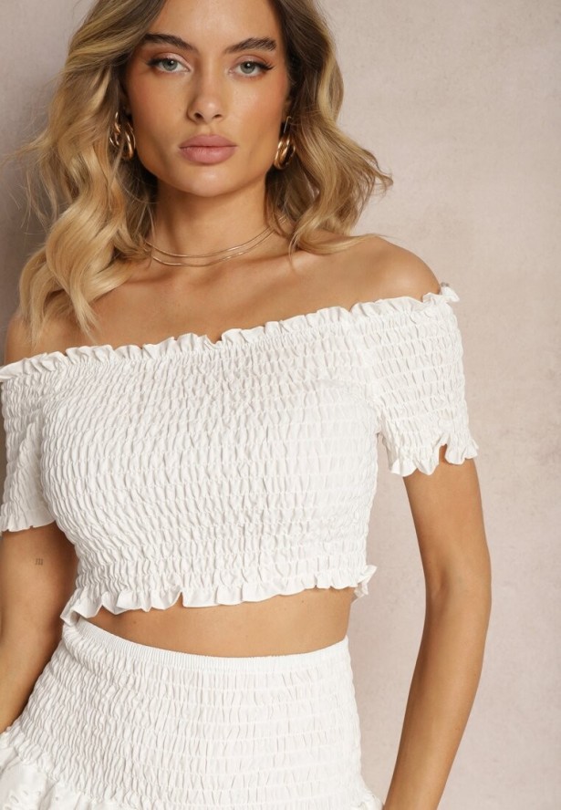 Biały Ażurowy Komplet z Bawełny Top w Hiszpańskim Stylu Spódnica z Gumką w Talii Vimariah