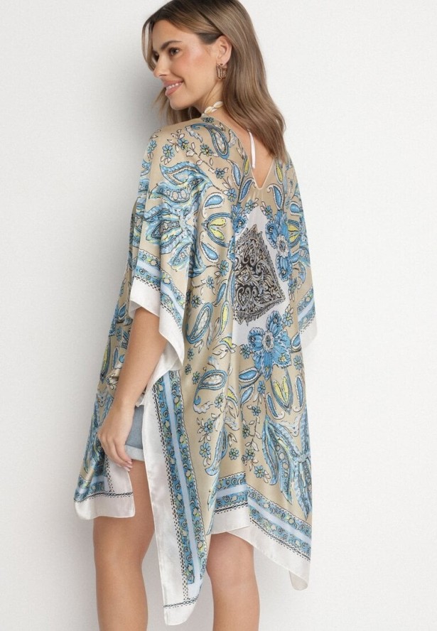 Beżowe Lekkie Ponczo Narzutka z Jedwabiu i Wiskozy w Ornamentalny Wzór Azendia