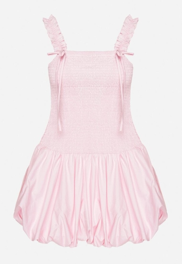 Różowa Bawełniana Sukienka Bombka na Ramiączkach z Elastyczną Górą Linarisena