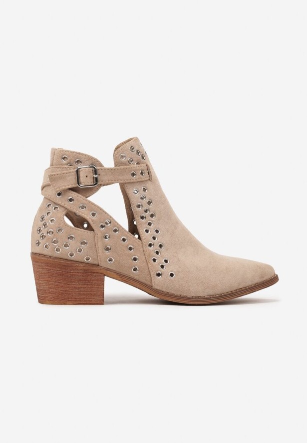 Beżowe Botki Vices na Słupku w Stylu Kowbojek z Metalicznymi Aplikacjami i Wycięciami Virori