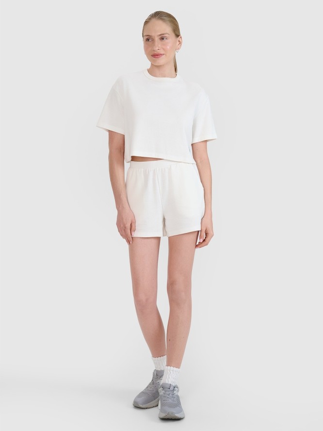 4F T-shirt crop top z waflowej dzianiny damski - biały L