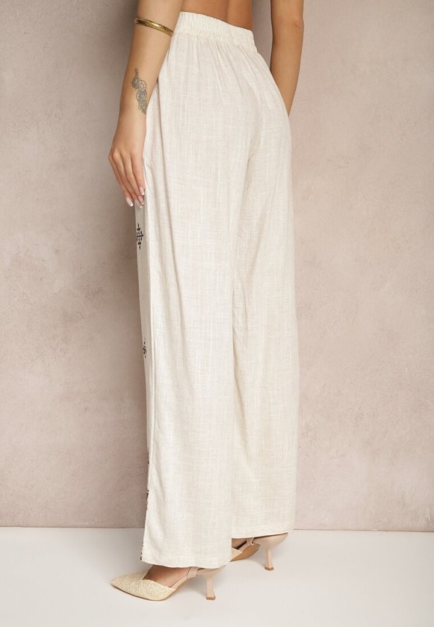 Beżowe Spodnie z Lnem o Szerokim Kroju Zdobione Haftem Derilna