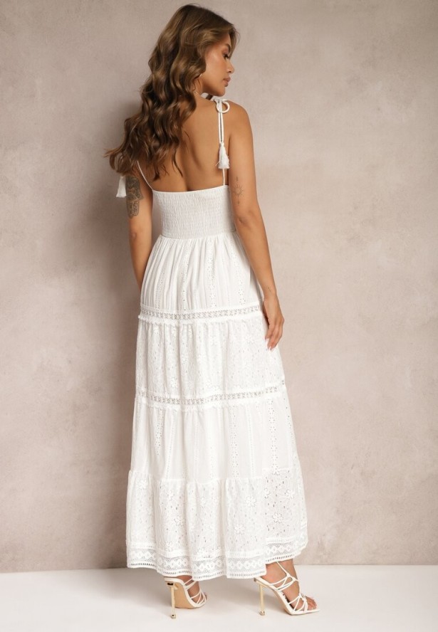 Biała Szydełkowa Sukienka Maxi z Ozdobnym Haftem i Falbanką Eshade