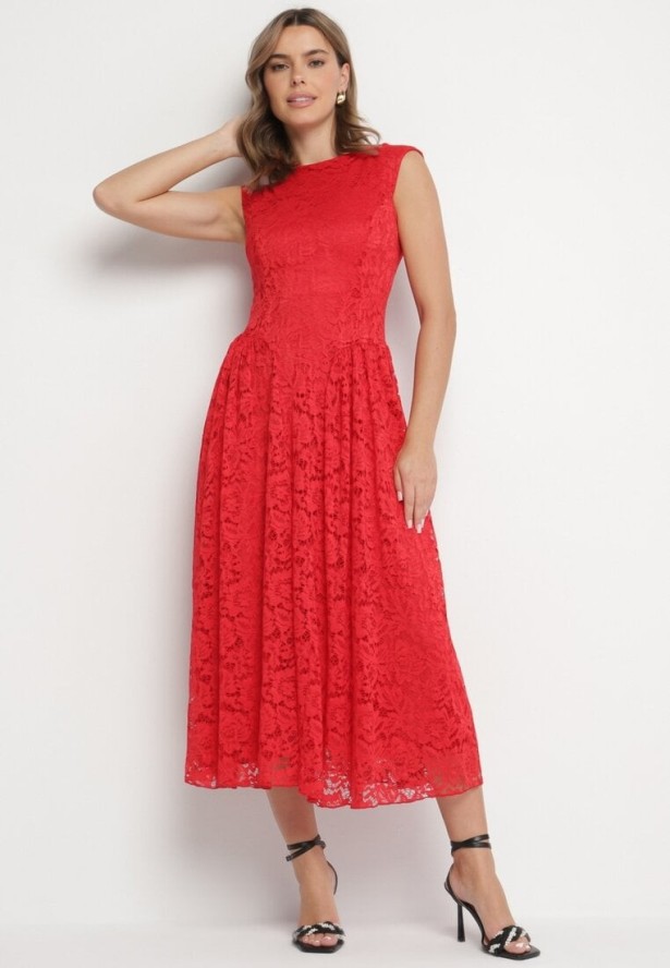 Czerwona Koronkowa Sukienka o Rozkloszowanym Kroju z Odkrytymi Plecami Nelamia