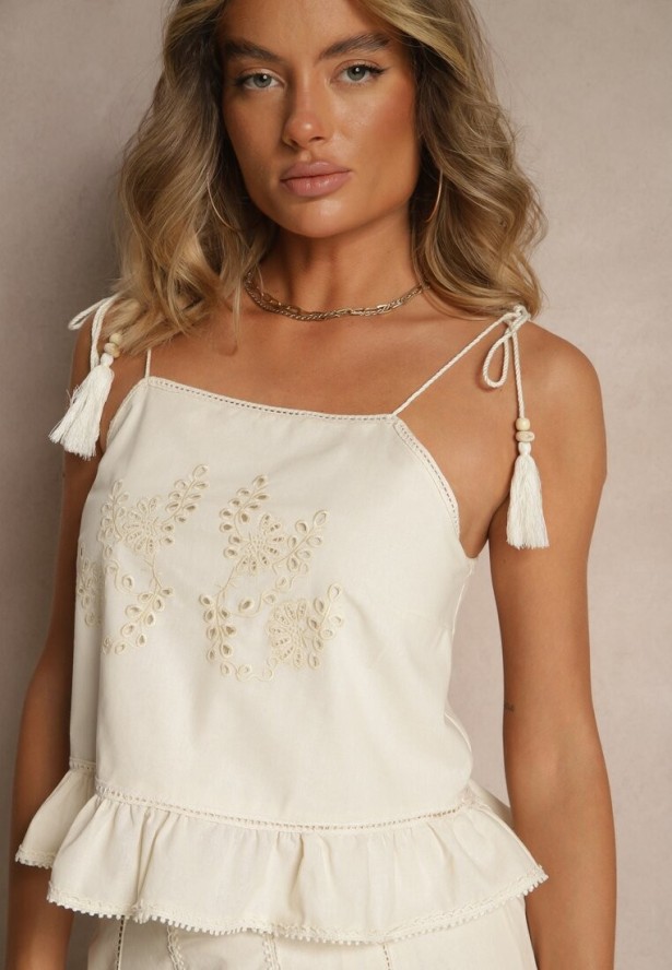 Beżowa Bluzka z Bawełny z Falbanką Haftami i Frędzlami Milunissa