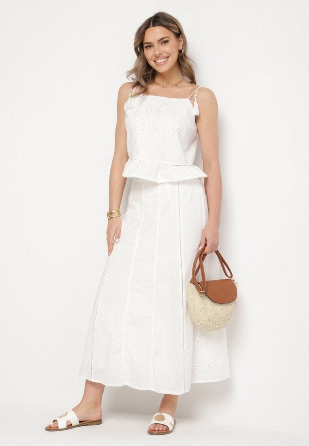 Biała Bawełniana Bluzka Ozdobiona Frędzlami Falbanką i Haftami Milorea