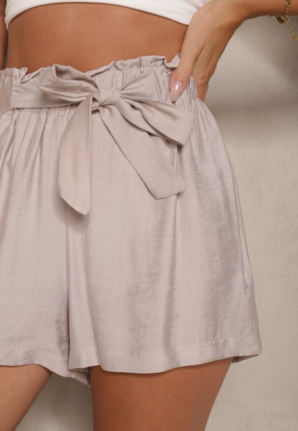 Szare Szorty z Wiskozy Paper Bag Ozdobione Paskiem Kanovia