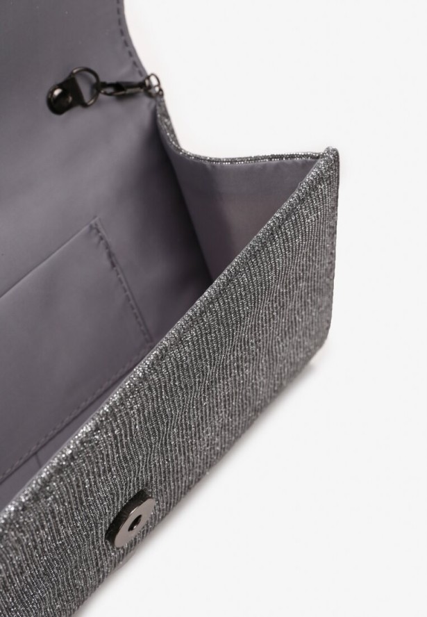 Szara Brokatowa Torebka Kopertówka z Łańcuszkiem Flapperia
