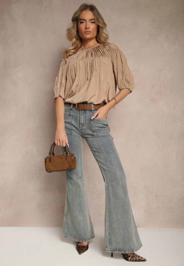 Jasnobrązowa Bluzka z Wiskozą o Fasonie Oversize z Gumkami w Ramionach Alirona