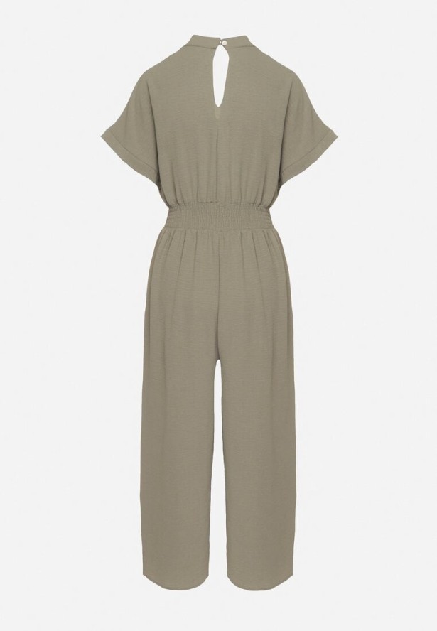 Zielony Kombinezon z Wiskozy z Gumką w Talii i Dekoltem w Serek z Guzikami Nisella