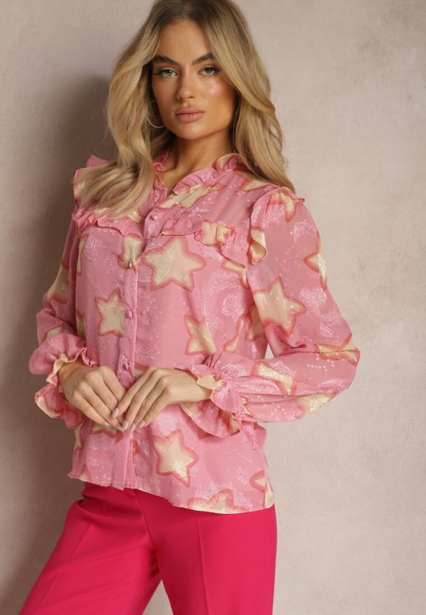 Różowa Koszula Ozdobiona Falbankami i Wzorem w Gwiazdki Limixa