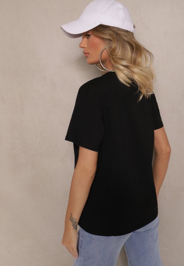 Czarna Bluzka z Bawełny Ozdobiona Kokardą i Napisem Nelanal