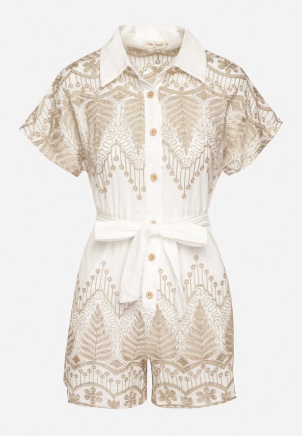 Biały Bawełniany Kombinezon z Haftem z Kołnierzykiem i Wiązanym Paskiem Ulisana