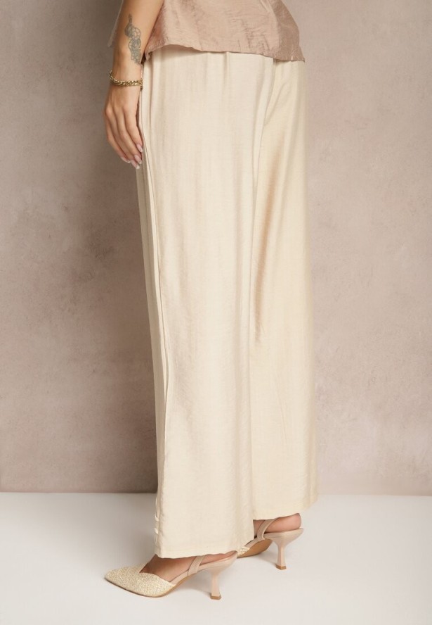 Jasnobeżowe Wiskozowe Spodnie o Szerokim Kroju z Lnem i Przeszyciami Fenelira