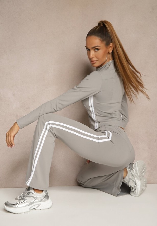 Jasnoszary Komplet Sportowy Spodnie Dzwony i Bluza na Suwak Lumonise
