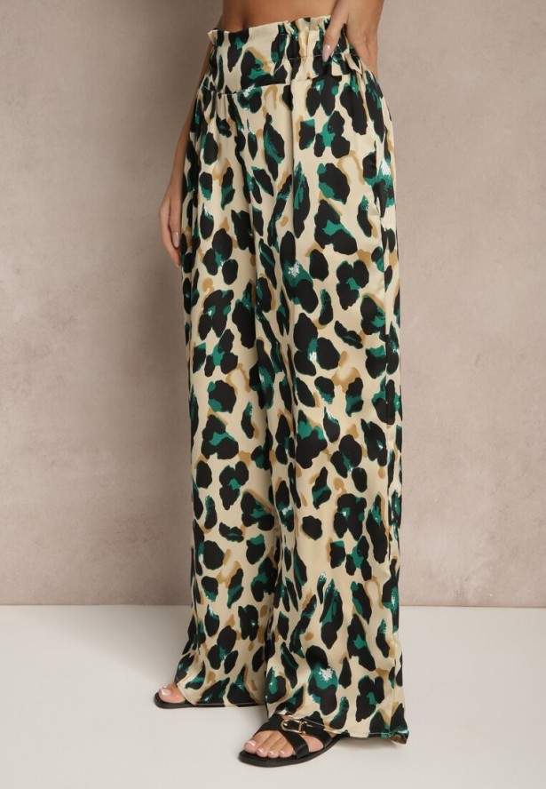 Zielono-Beżowe Panterkowe Spodnie o Szerokim Kroju Paper Bag High Waist Saliandra